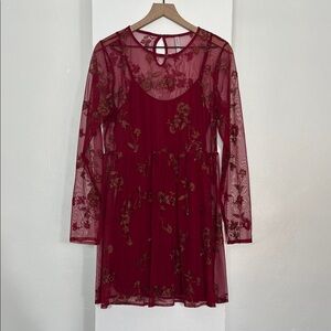 Xhilaration Burgundy Floral Mesh Dress